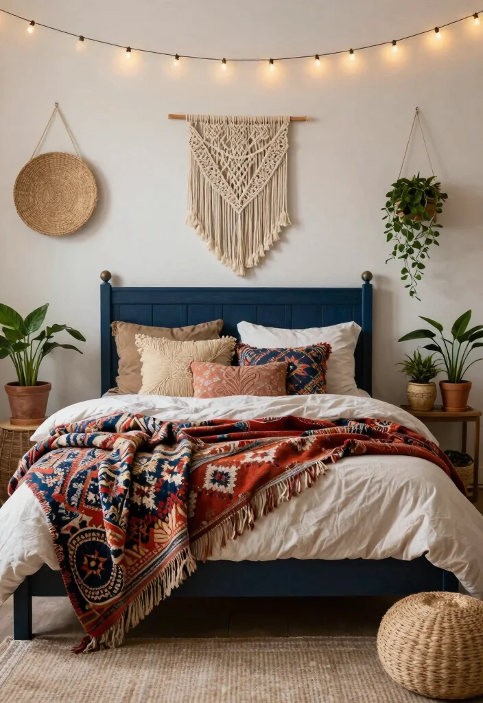 9 Dark Blue Bed Frame Bedroom Ideas for a Bold Elegant Look - 7. Bohemian Charm with Dark Blue 1