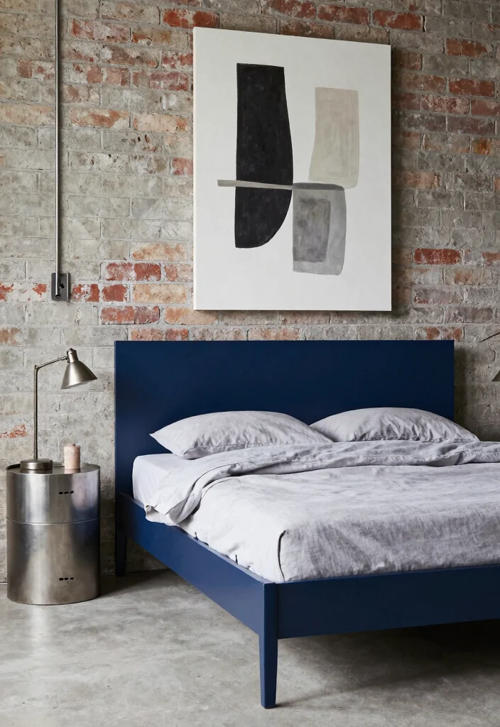 9 Dark Blue Bed Frame Bedroom Ideas for a Bold Elegant Look - 8. Industrial Edge with Dark Blue 1
