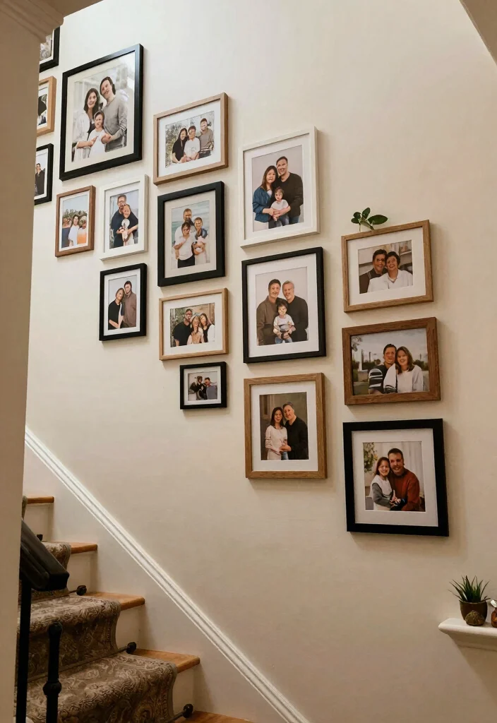 12 Stairs Wall Decor Ideas That Turn Hallways Into Gallery Moments 1. Gallery Wall of Family Photos 0