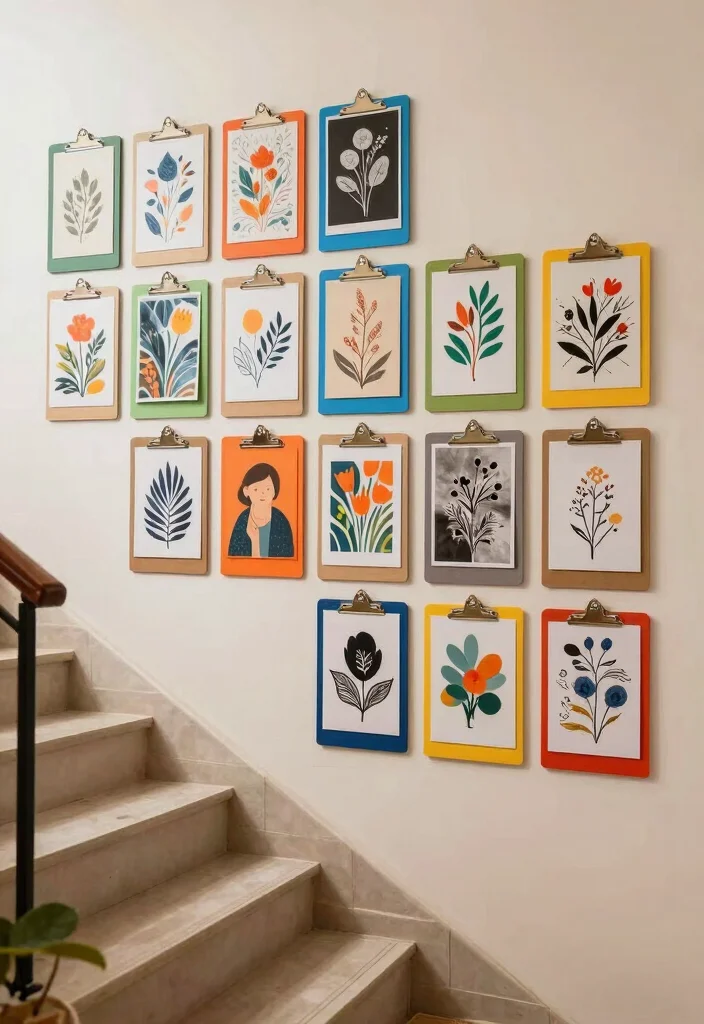 12 Stairs Wall Decor Ideas That Turn Hallways Into Gallery Moments 11. Art Display Using Clipboards 0