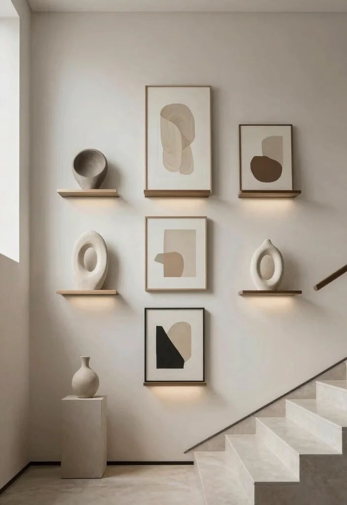 12 Stairs Wall Decor Ideas That Turn Hallways Into Gallery Moments 12. Minimalist Art and Sculpture Nooks 0