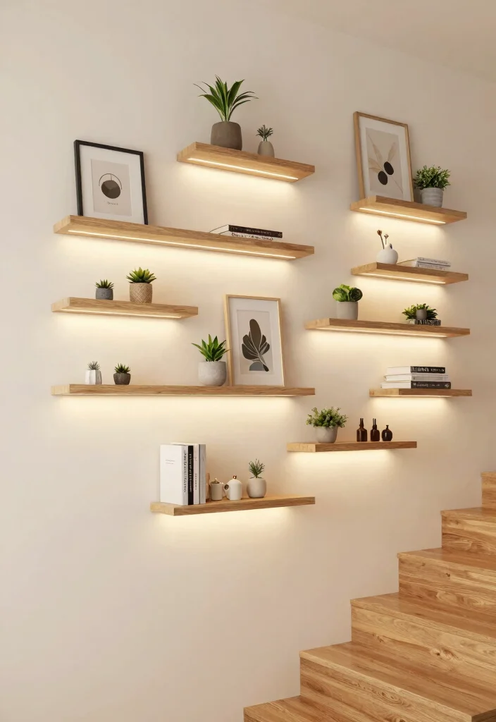12 Stairs Wall Decor Ideas That Turn Hallways Into Gallery Moments 6. Floating Shelves with Decor 0