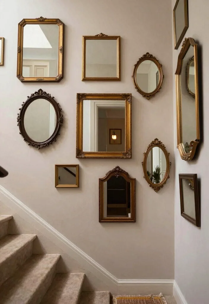 12 Stairs Wall Decor Ideas That Turn Hallways Into Gallery Moments 8. Vintage Mirrors Arrangement 0