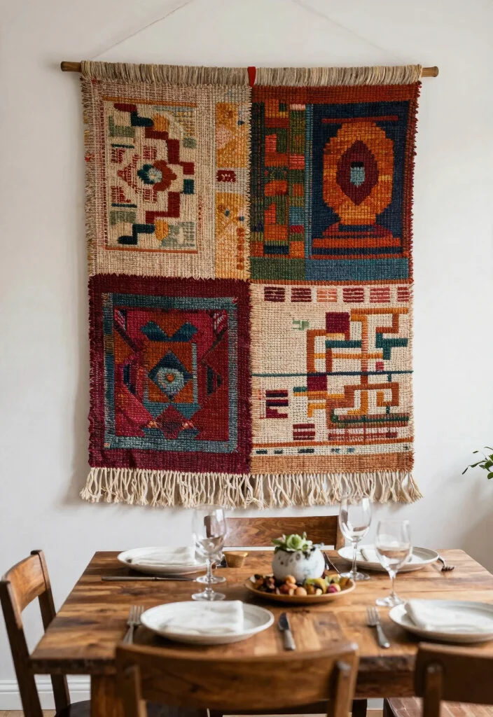14 Dining Wall Decor Ideas That Anchor the Table Beautifully 14. Creative Fabric Wall Hangings 0