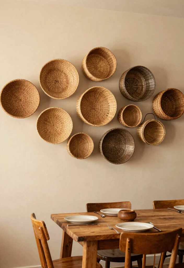 14 Dining Wall Decor Ideas That Anchor the Table Beautifully 4. Woven Baskets Display 0