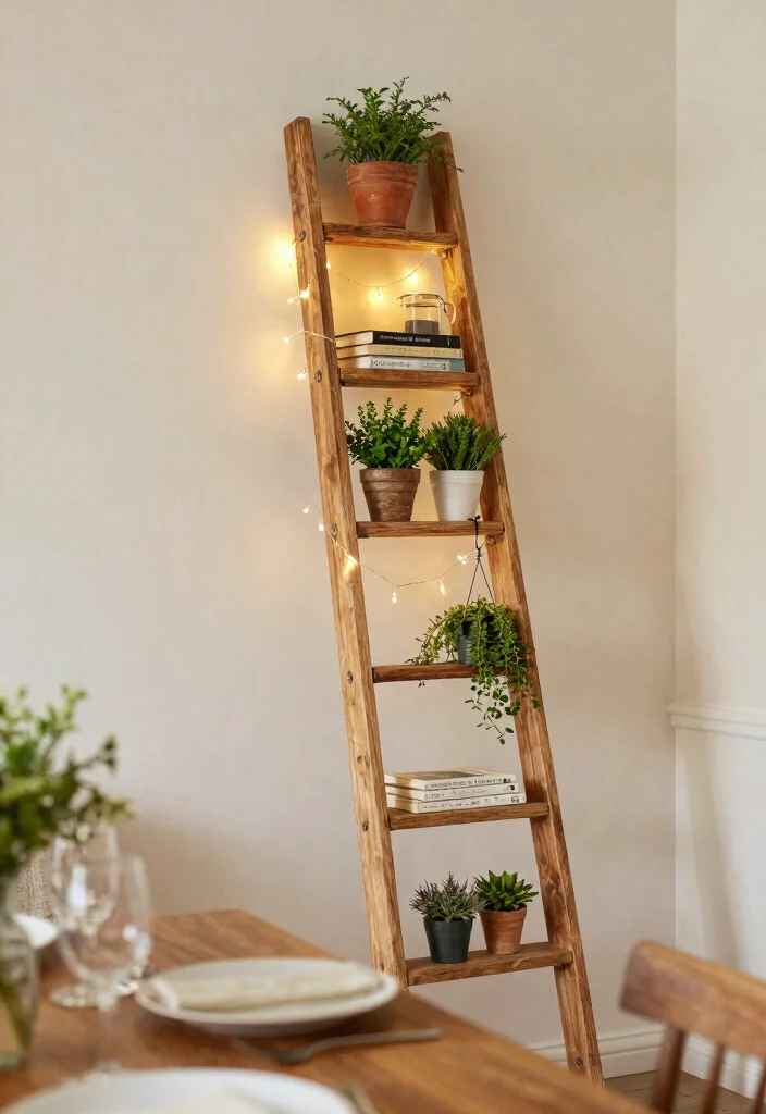 14 Dining Wall Decor Ideas That Anchor the Table Beautifully 8. Rustic Ladder Display 0
