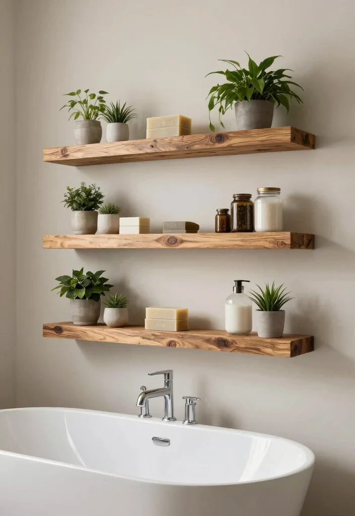 15 Bathroom Wall Decor Ideas That Feel Spa Inspired 4. Eco Friendly Floating Shelves 0