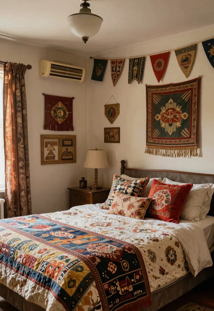 16 Bedroom Wall Decor Ideas That Feel Cozy and Personal 13 16 Bedroom Wall Decor Ideas That Feel Cozy and Personal 13. Vintage Flags and Fabrics 0
