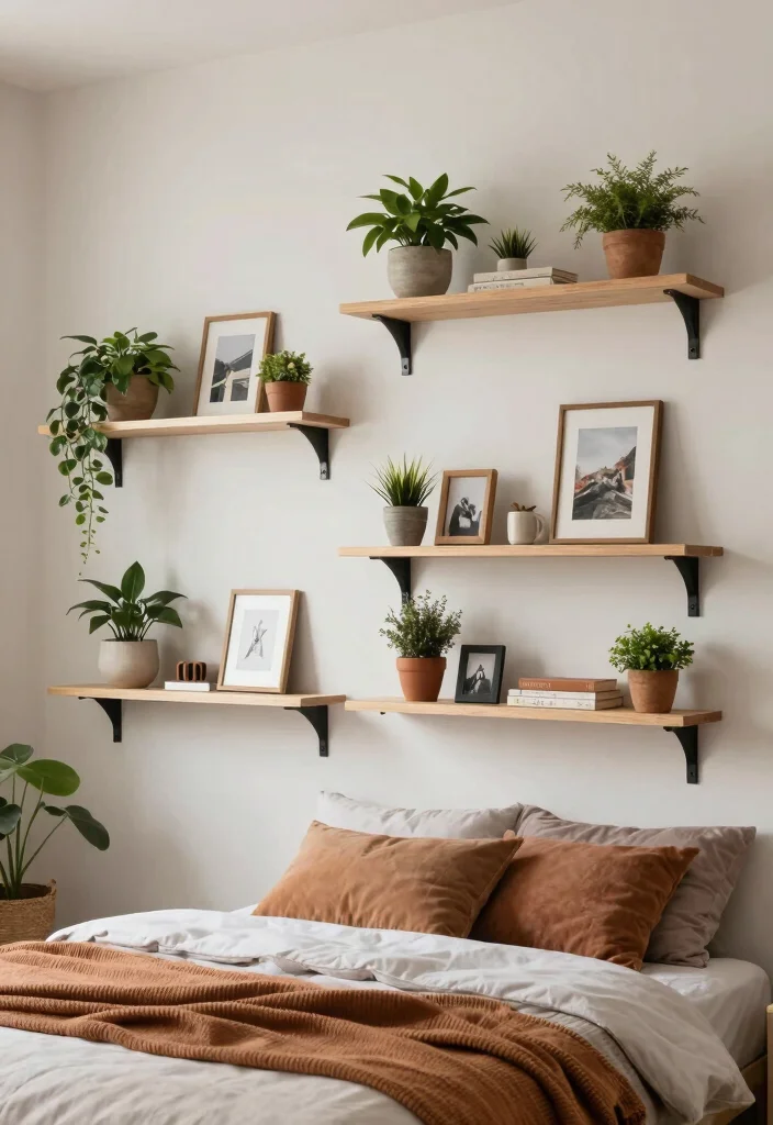 16 Bedroom Wall Decor Ideas That Feel Cozy and Personal 7 16 Bedroom Wall Decor Ideas That Feel Cozy and Personal 7. Floating Shelves with Accents 0
