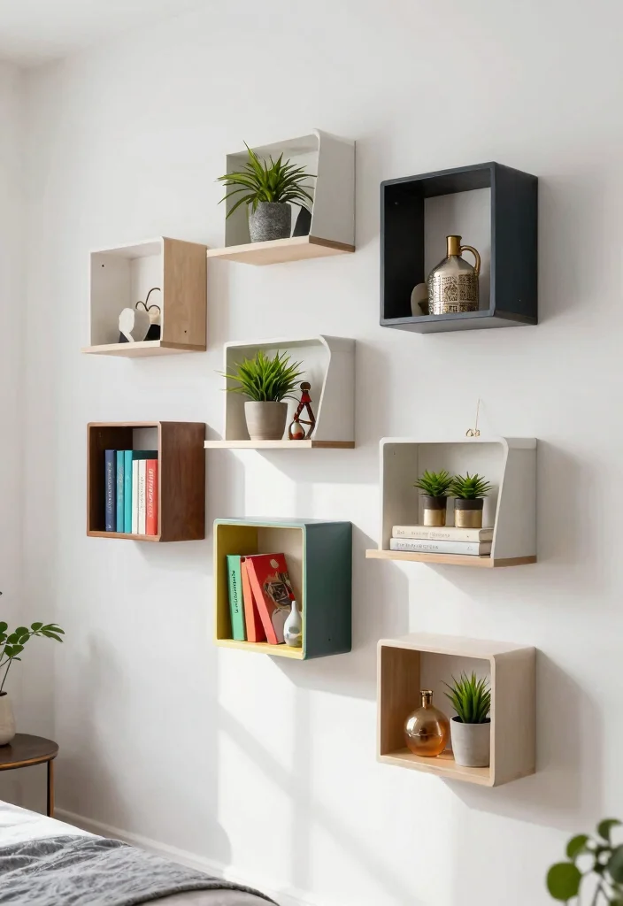 16 Wall Decor Ideas for Bedroom That Change the Whole Mood 6. Quirky Floating Shelves 0