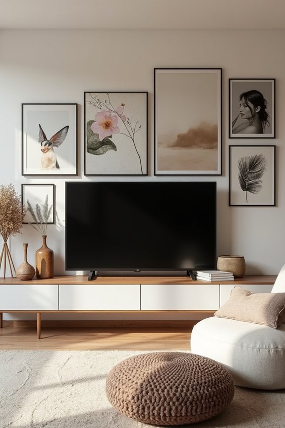 gallery wall around tv blends art and screen