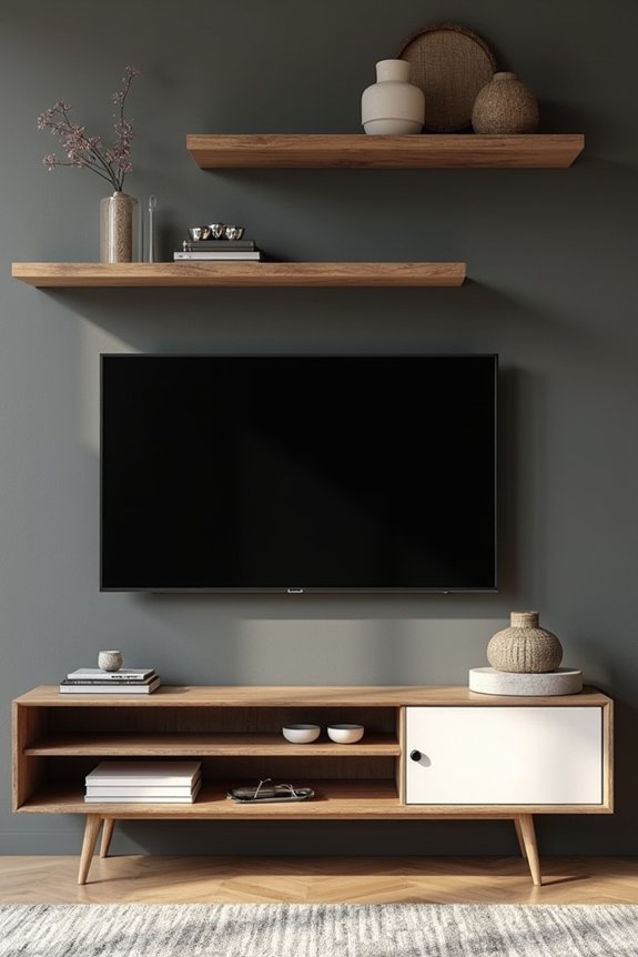 symmetrical wall shelves framing tv